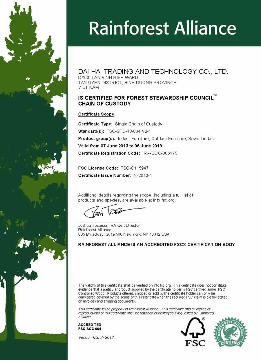 Rainforest Allicance Certification for forest stewardship council chain of custody